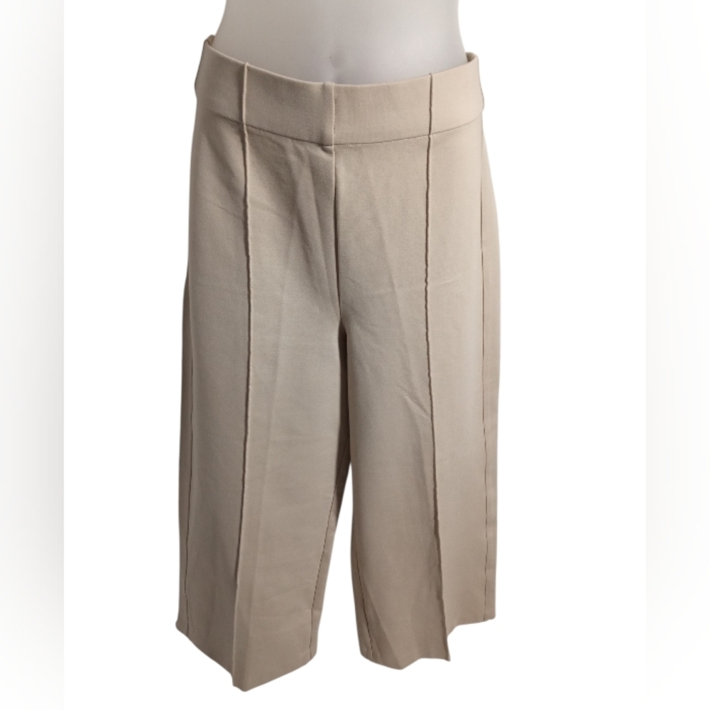 Jones & CO Beige Pull On High Waist Wide Leg Crop Pants Tailored Culotte Minimal